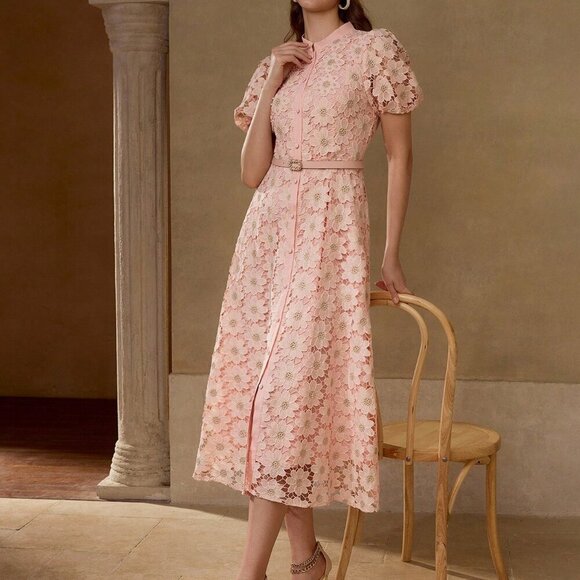 Pink Elegant Women's Floral Embroidered Puff Sleeve Fitted waist dress - Picture 5 of 7